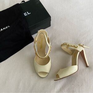 CHANEL Cream Peep-Toe Heels with Gold Chain